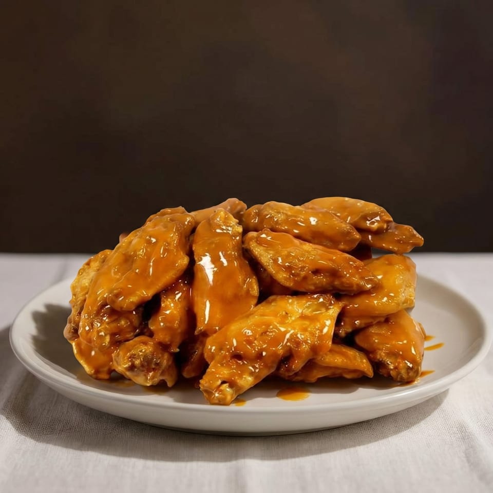 A large pile of glistening, saucy chicken wings on a white plate, against a dark background.