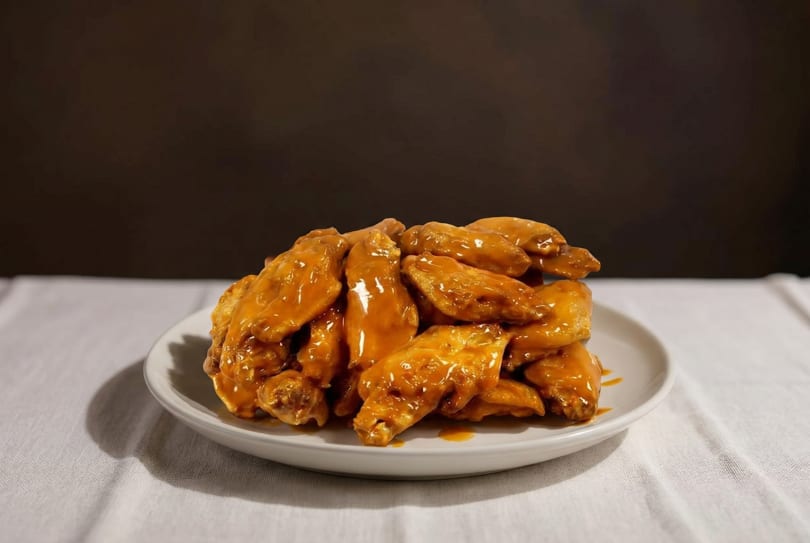 A large pile of glistening, saucy chicken wings on a white plate, against a dark background.