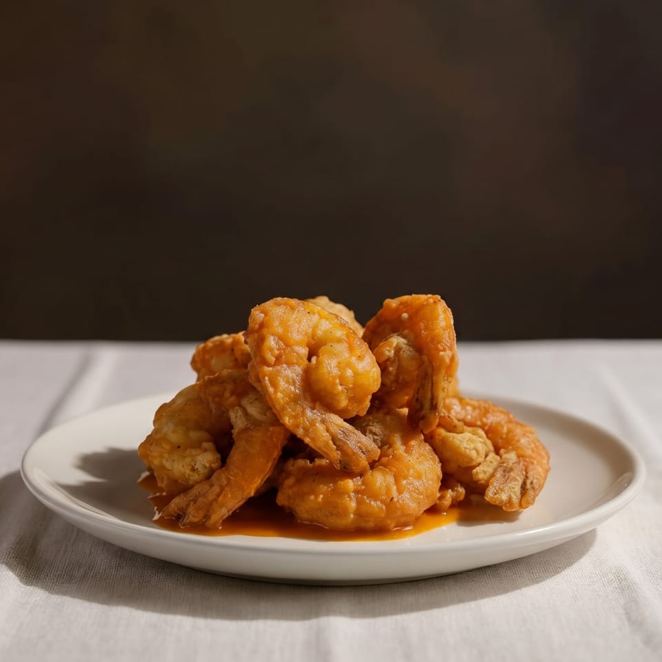 A white plate filled with crispy, golden-brown fried shrimp, glistening with sauce, on a white tablecloth.