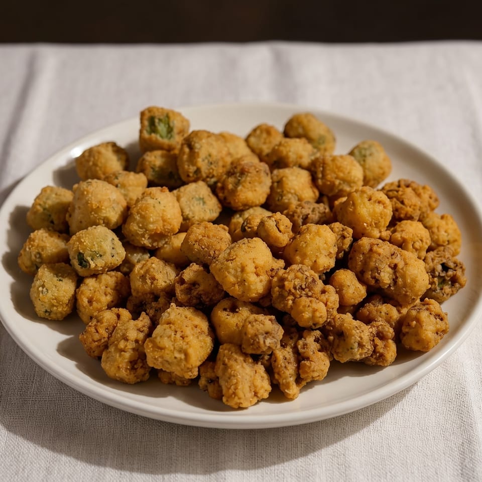 A white plate filled with golden-brown, breaded fried okra sits on a white tablecloth.