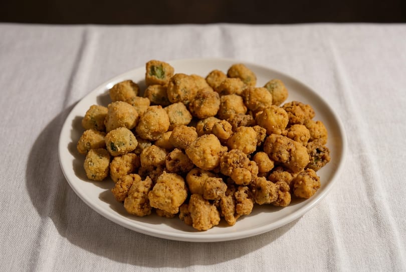 A white plate filled with golden-brown, breaded fried okra sits on a white tablecloth.