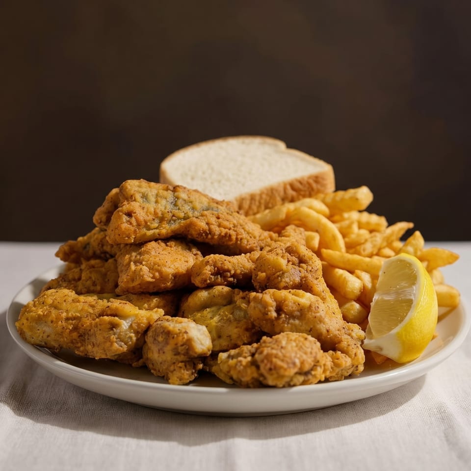 A plate of golden-brown fried fish, french fries, a slice of white bread, and a lemon wedge.