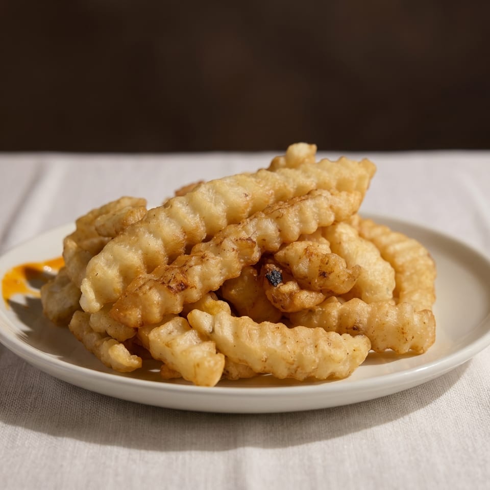 A white plate piled high with golden-brown crinkle-cut fries, with a hint of orange sauce.