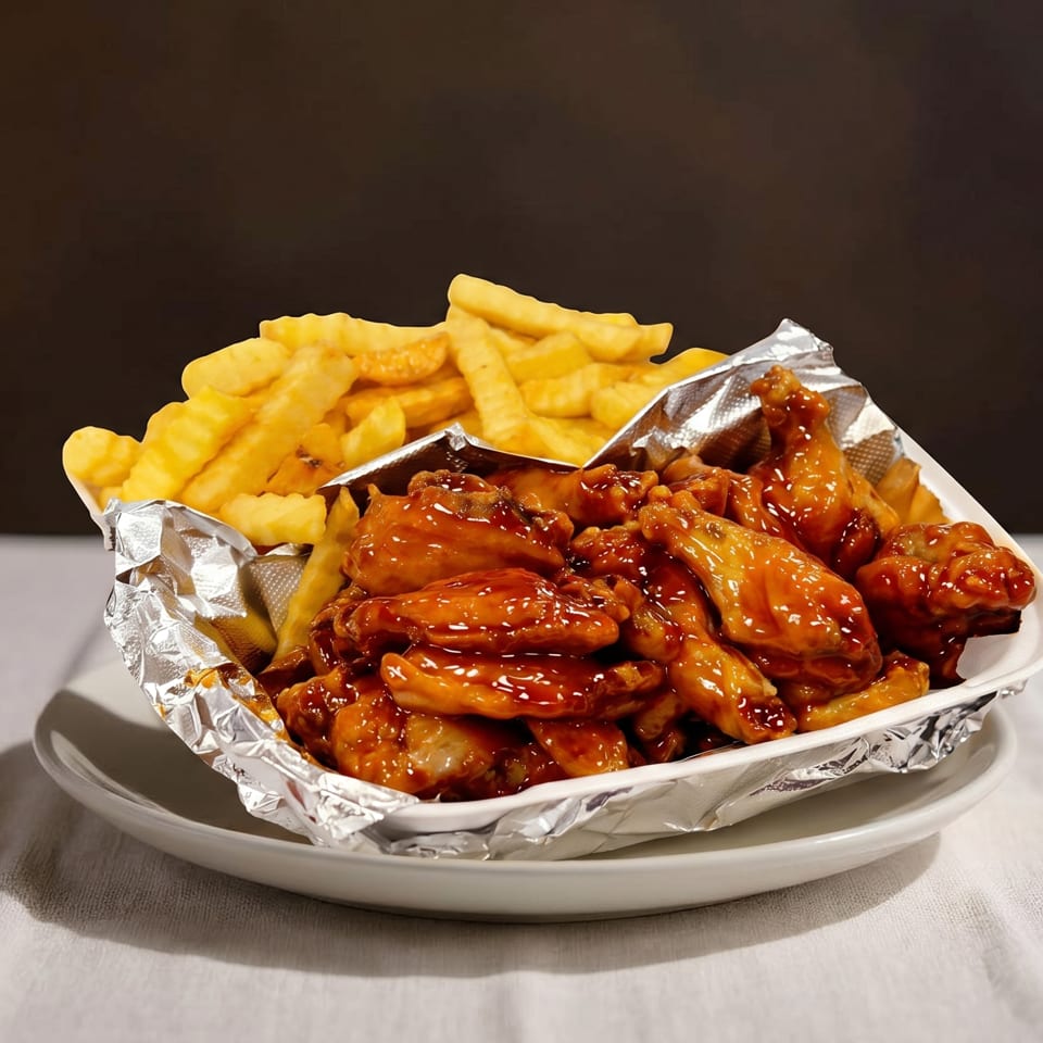 A white takeout container filled with golden crinkle-cut fries and glistening BBQ chicken wings.