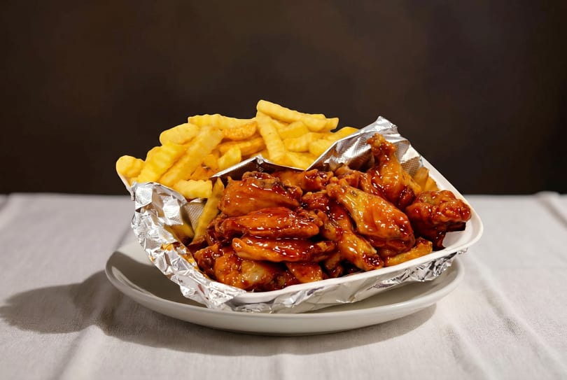 A white takeout container filled with golden crinkle-cut fries and glistening BBQ chicken wings.